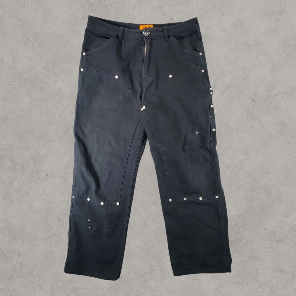 FTP Orange Label Double Knee Pants Mens 34x32 Black Canvas Riveted Distressed